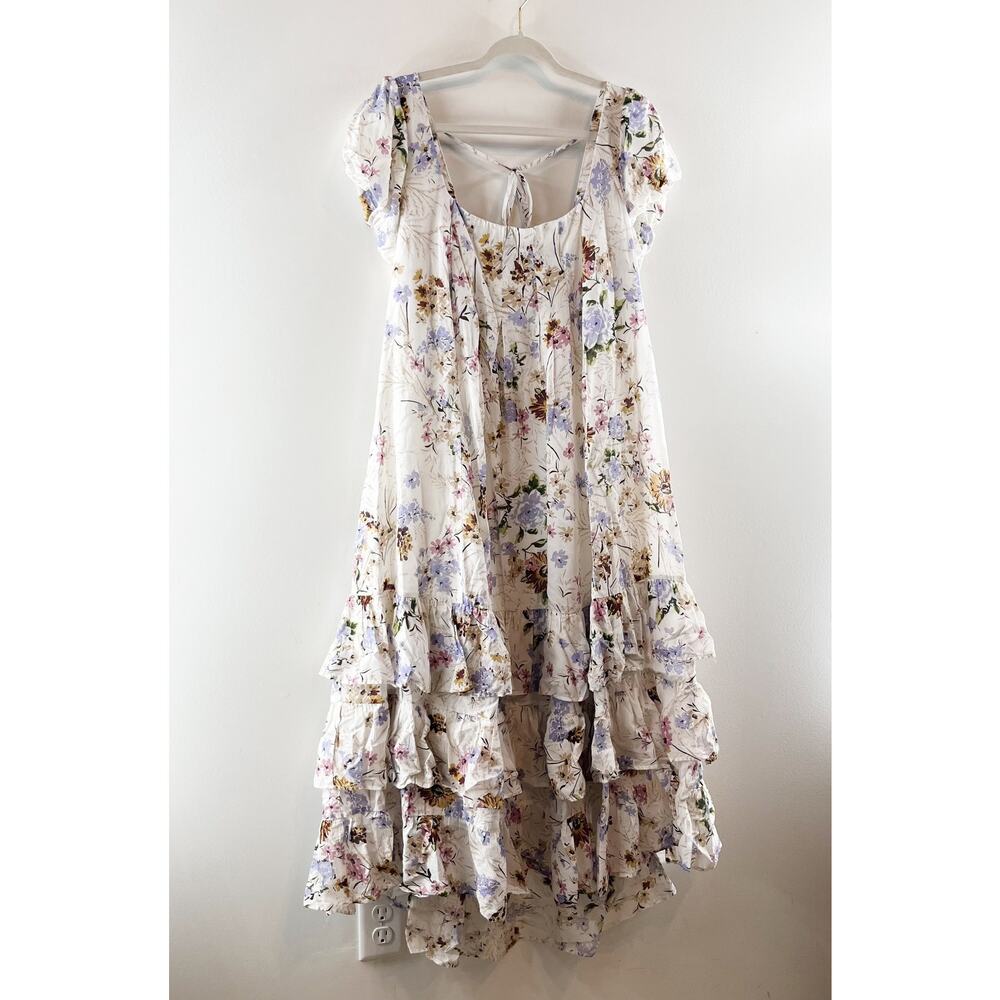 Anthropologie Tiered Ruffle Hem Floral Cap Sleeve Maxi Dress White 1X - Picture 8 of 9